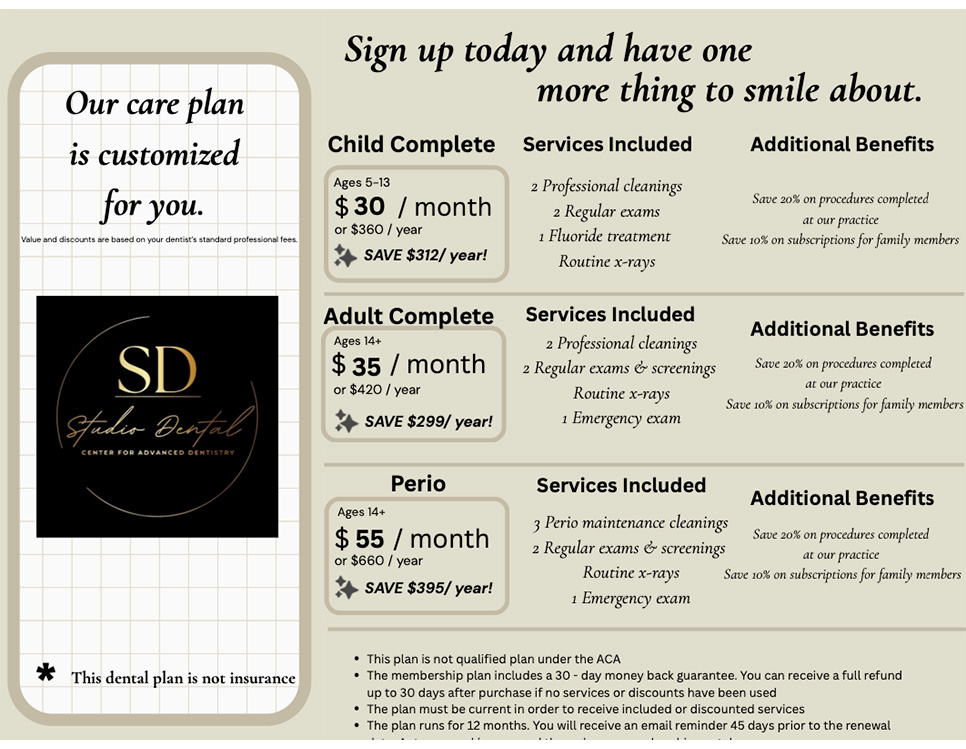 The image shows a flyer with text and graphics, including a logo for SD Smile dental services, a list of services offered such as teeth whitening, and pricing information.