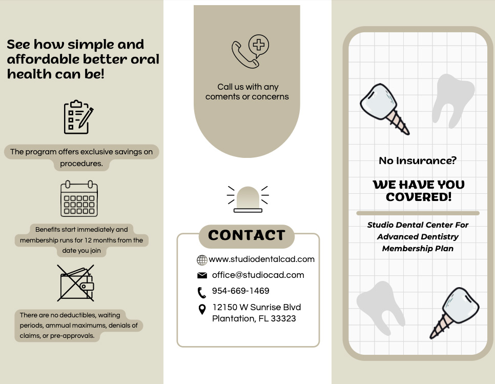 The image displays an infographic with text and icons related to dental health services, including a phone number, a contact email, and a graphic of a toothbrush. It includes information about insurance coverage, a website link, and a call to action for viewers to schedule appointments. The style is informational and appears to be designed for a professional dental service provider.