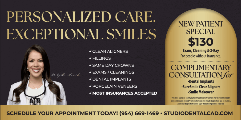 The image features an advertisement for a dental practice with a focus on personalized care, highlighting exceptional smiles, patient testimonials, and special offers such as free consultations and discounted services.